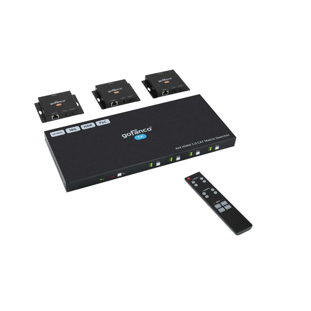 18Gbps EDID 4K 60Hz YUV 4:4:4, HDR HDCP 2.2/1.4 SPDIF Audio Output Extractor 4 In 4 Out Video gofanco 4x4 HDMI 2.0 Matrix Switcher W/IR Remote & Web GUI Control - - HDMI 2.0 RS-232 